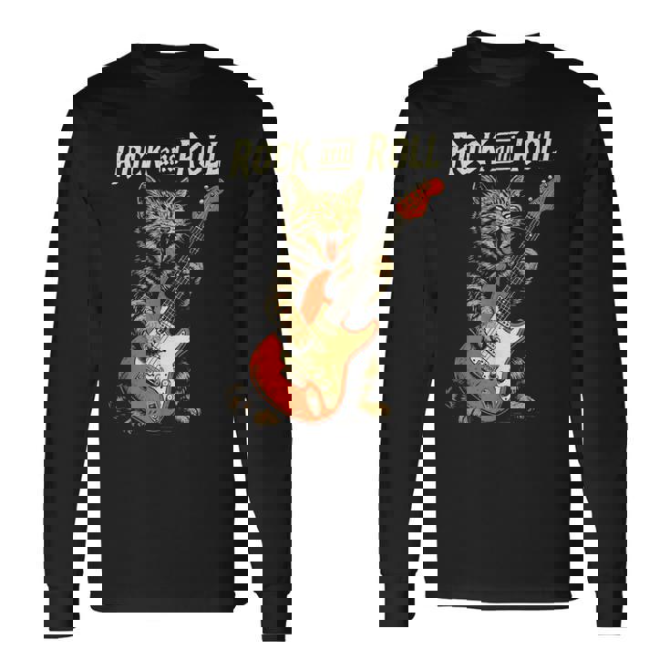 ギターを弾くロックな猫 音楽好き猫好き向けデザイン 長袖Tシャツ