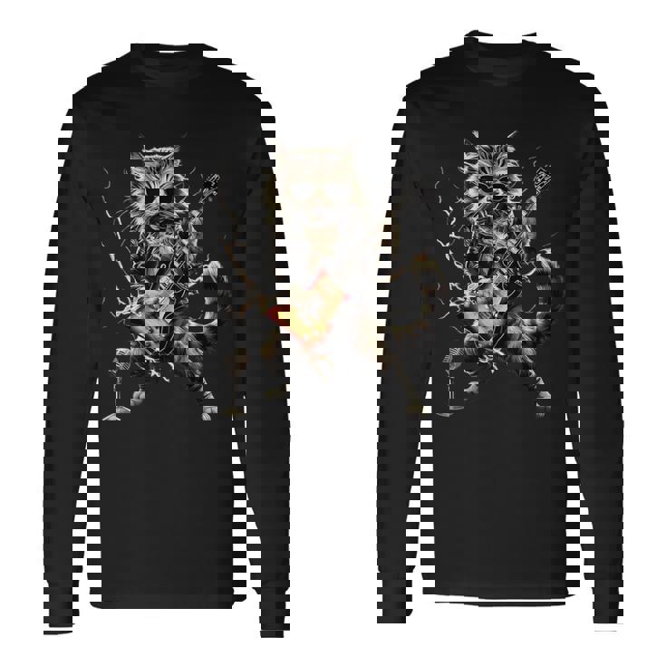 ギターを弾くロックキャット 面白いギター猫 長袖Tシャツ