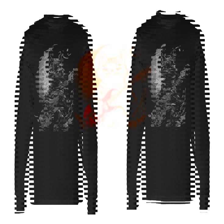 ギターを弾くロックキャット 面白いロックミュージックギター猫 長袖Tシャツ
