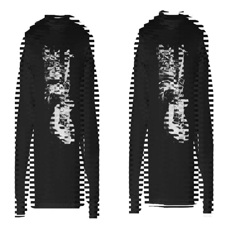 ギターを弾くロック猫 面白いギター猫 長袖Tシャツ