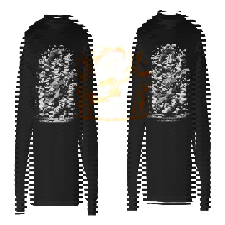 ギターを弾く猫 面白いロックミュージックギター猫 長袖Tシャツ