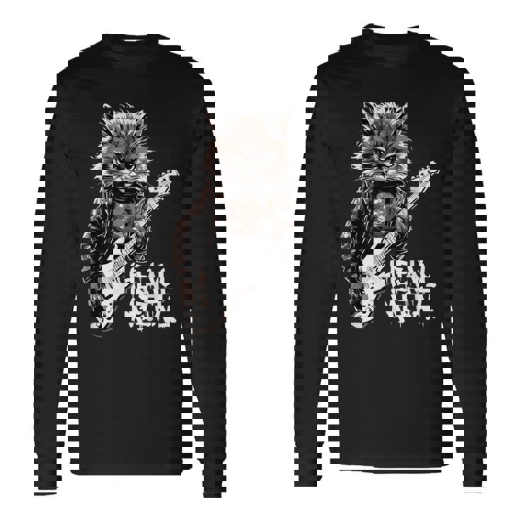 ギターを弾く猫 ヘヴィメタル ロックキャット おもしろギタリスト 長袖Tシャツ
