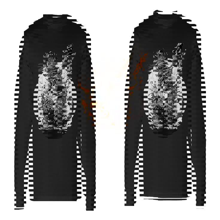 ギターを持った猫 ロックミュージックキャット ヘヴィメタルキャット 長袖Tシャツ