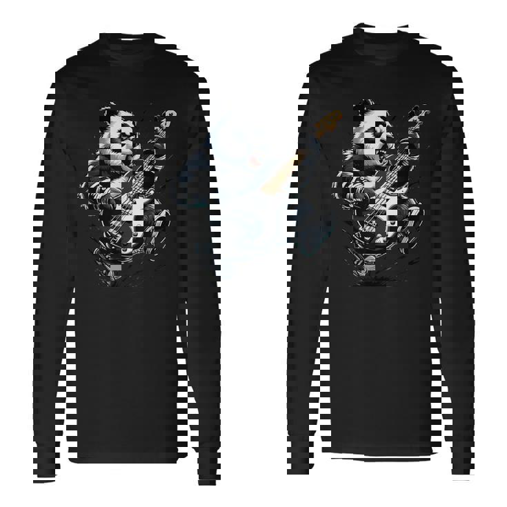 ギター付きパンダ グラフィック パンダ愛好家 パンダ ベース演奏 長袖Tシャツ