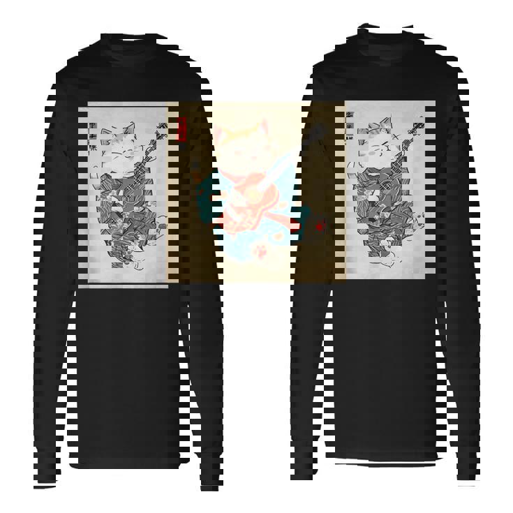 ギター奏でる猫 着物姿 ヴィンテージ 日本美術 面白い 長袖Tシャツ