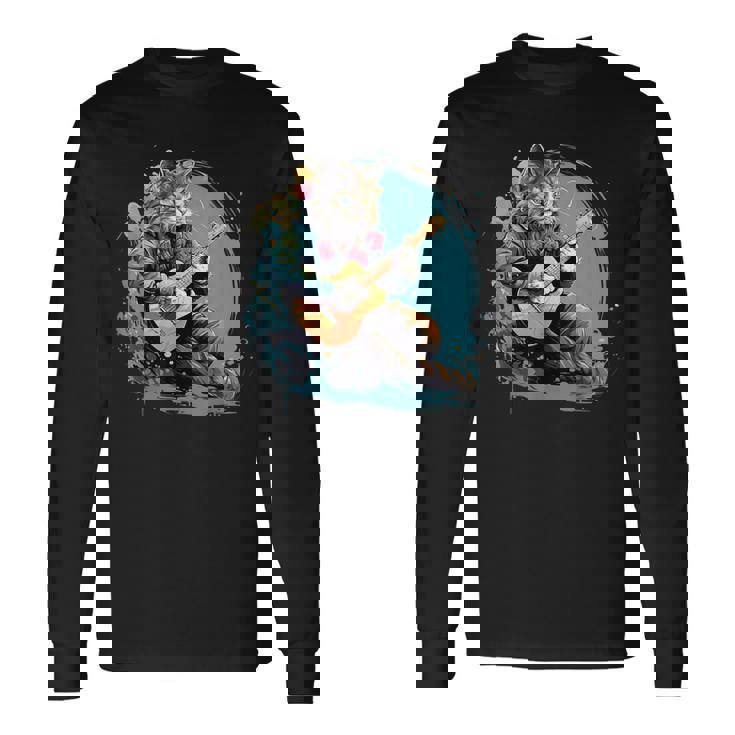 クラシックギターを弾く猫 猫 ギター 音楽 長袖Tシャツ