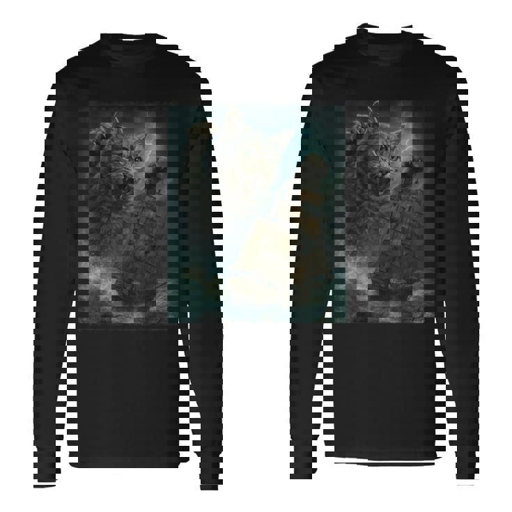 クラーケンの海の怪獣が海に潜る海賊船を襲う巨大猫 長袖Tシャツ