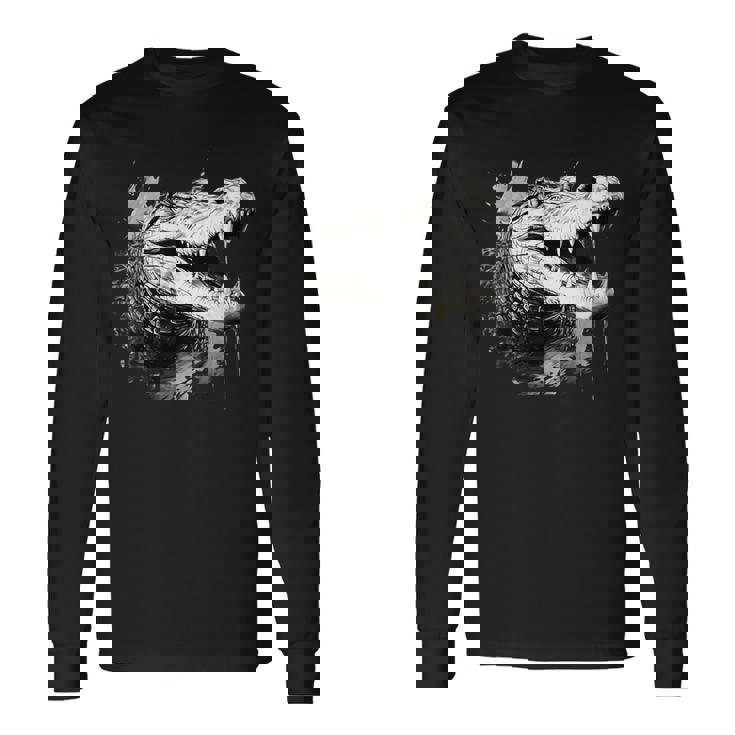 クロコダイル ワニの肖像画 爬虫類 カラフル アニマルプリント 長袖Tシャツ