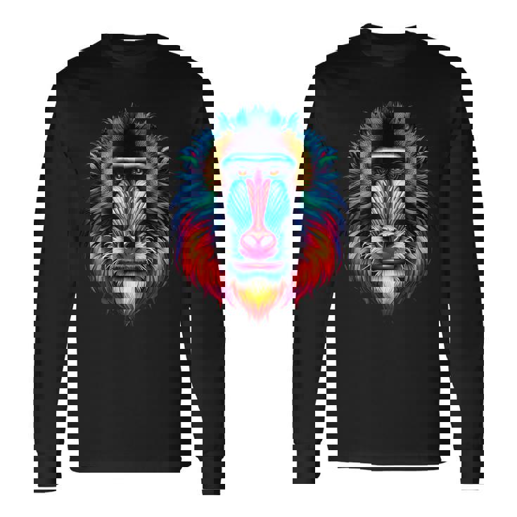 クール マンドリル 猿の精霊 動物 イラスト 絞り染め アート 長袖Tシャツ