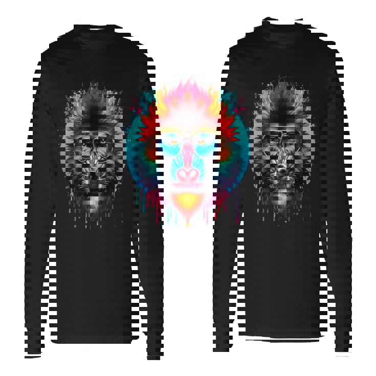 クールなタイダイサングラスマンドリルイラストアート 長袖Tシャツ