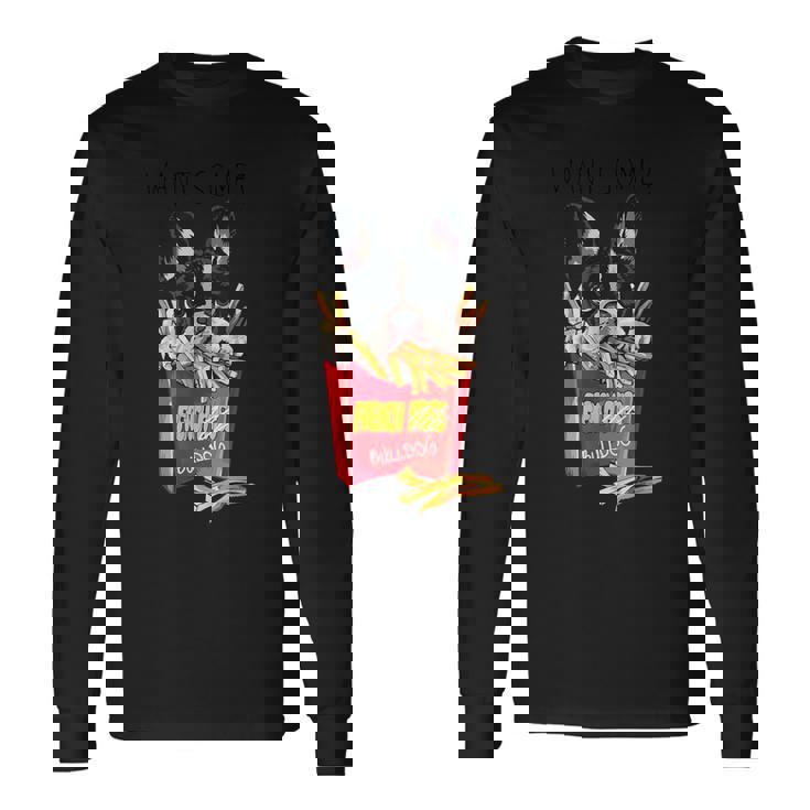 クールなフレンチブルドッグがフライドポテトを食べるグラフィッククールなデザイン。 長袖Tシャツ