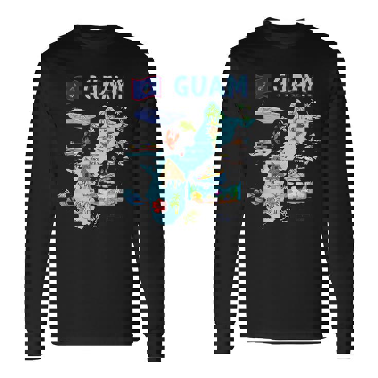 グアム、主要都市、旗、アメリカの観光名所地図 長袖Tシャツ