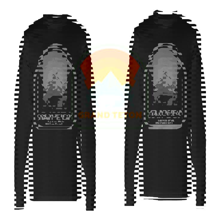 グランドティトン国立公園 レトロサンセット ヴィンテージ 長袖Tシャツ