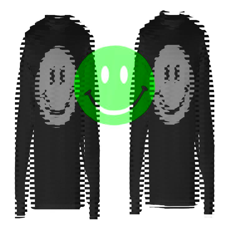 グリーン スマイリーフェイス レトロ グリーン ハッピーフェイス 長袖Tシャツ