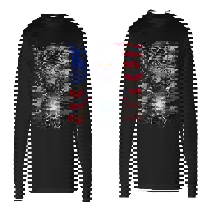 グレー 猫 ねこ バイク 星条旗 アメリカ 長袖Tシャツ