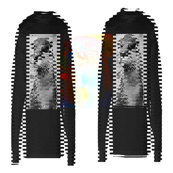 コツメカワウソ【どうぶつフレンズ】水彩画 動物 かわいい おしゃれ イラスト 長袖Tシャツ