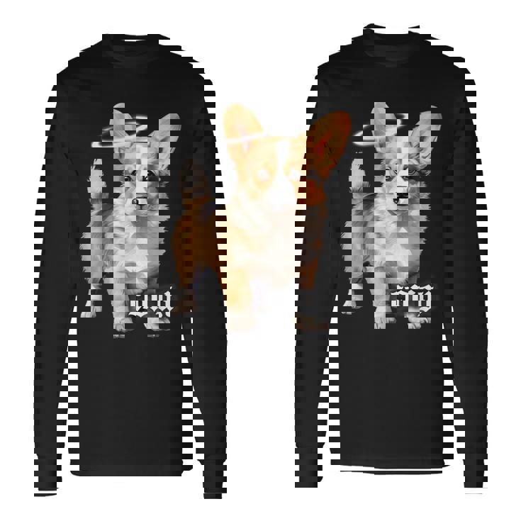 コーギー 天使 子犬 水彩 長袖Tシャツ