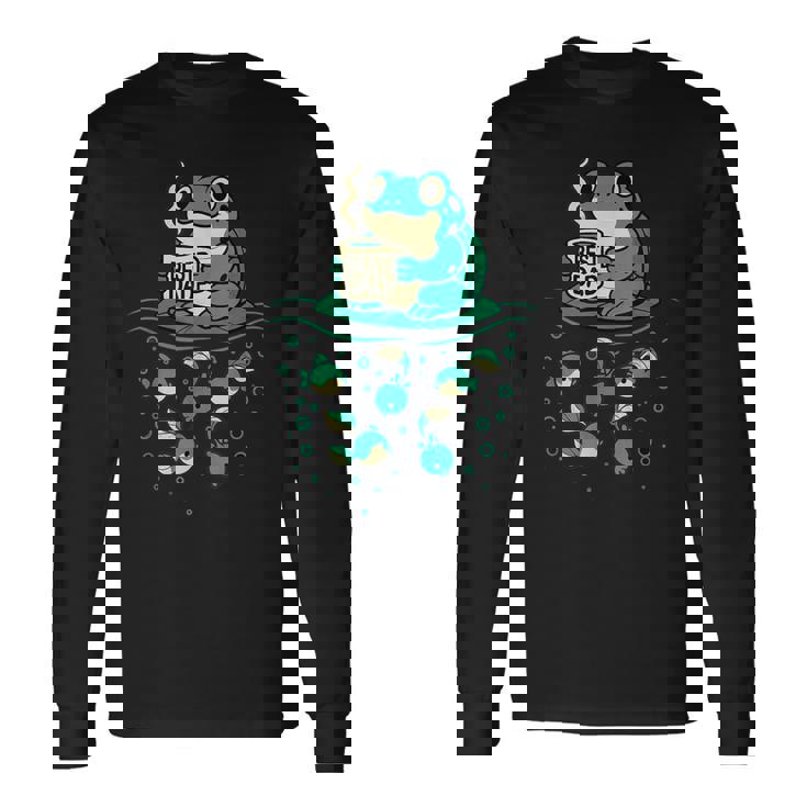 コーヒーとオタマジャクシのアートで面白い最高のお父さんカエル 長袖Tシャツ