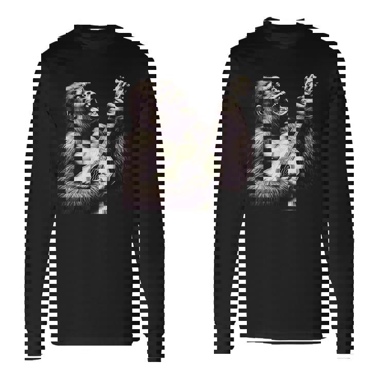 ゴリラ 演奏 ギター 面白い ロック 音楽 ギター ゴリラ 長袖Tシャツ