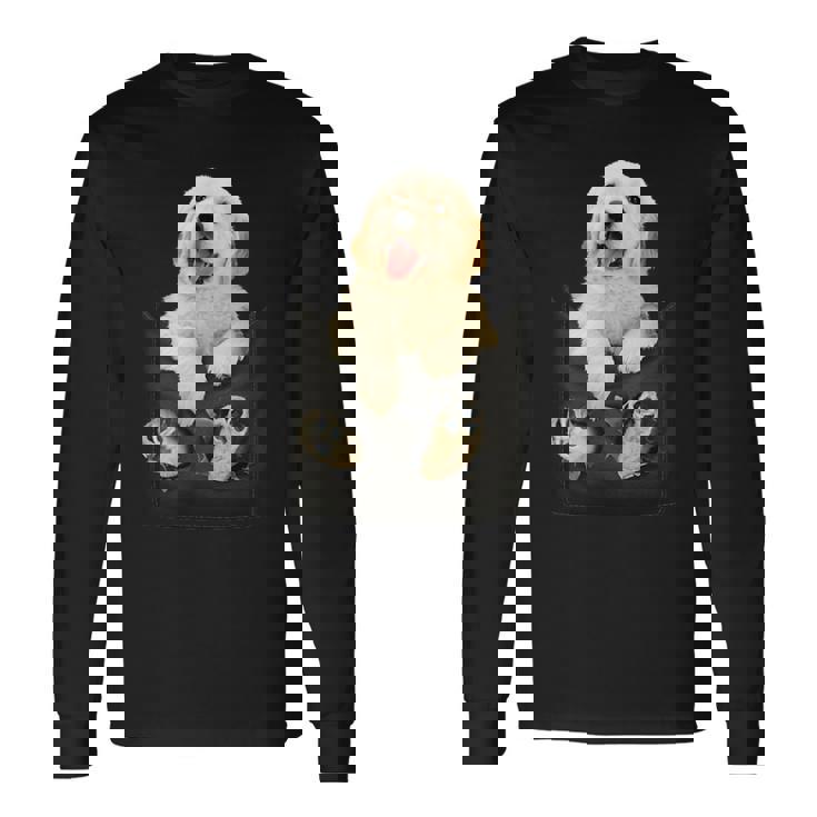 ゴールデンレトリバー ポケットに入った子犬 長袖Tシャツ