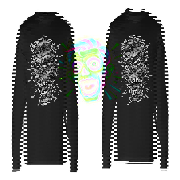 サイケデリック ゾンビヘッド ホラーアート 不気味なアンデッド 長袖Tシャツ