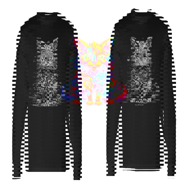 サイケデリック マンガ 猫 カラフル ファンタジー 曼荼羅スタイル 長袖Tシャツ