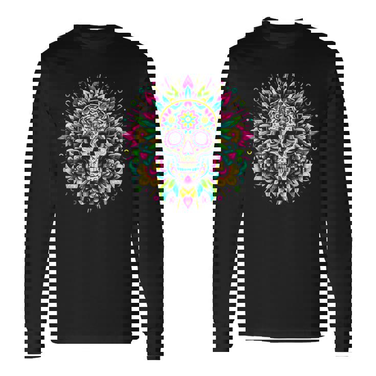 サイケデリックシュガースカルtシャツ 鮮やかでカラフルな死者の日 長袖Tシャツ