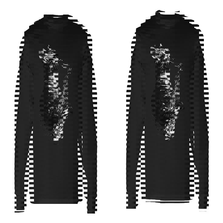 サックスを奏でる猫 面白い猫 ジャズ サックス 音楽 サックス 長袖Tシャツ