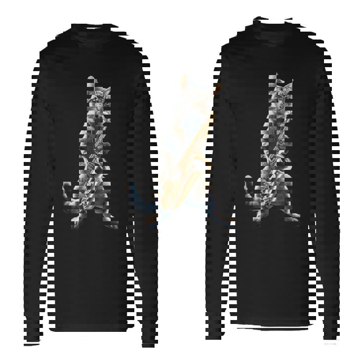サックスを演奏する面白い猫 ジャズ サックス ミュージシャン サクソフォニスト 長袖Tシャツ