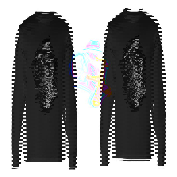 サックス奏者 ジャズ好きのためのカラフルなラインアート 長袖Tシャツ