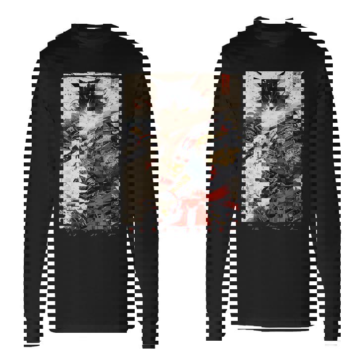 サムライ 猫戦士 浮世 墨絵 猫 サムライ 長袖Tシャツ