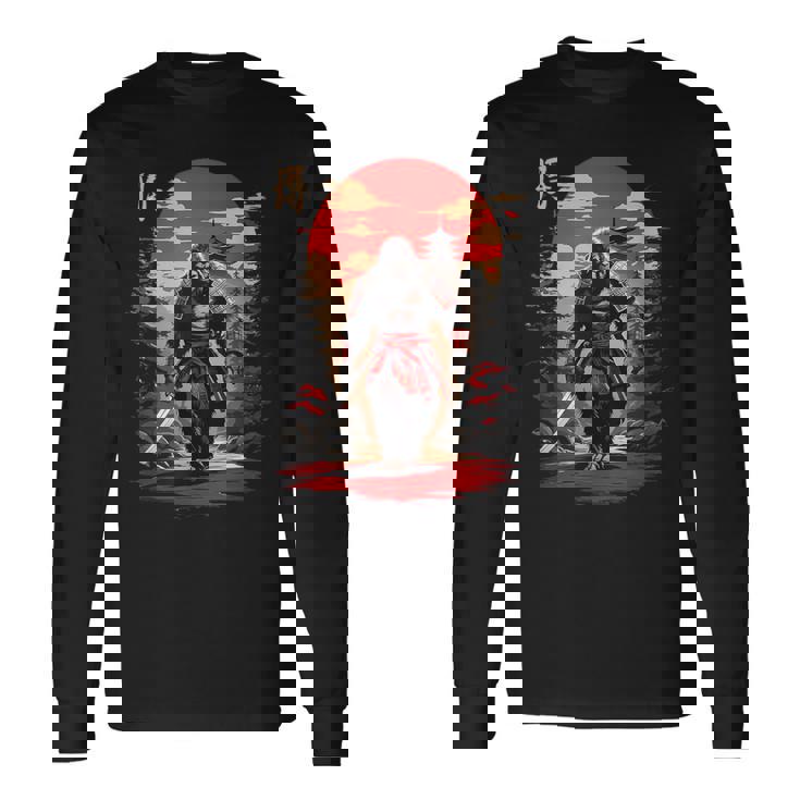 サムライビッグフット 日本のヴィンテージデザイン 面白い浮世絵アート 長袖Tシャツ