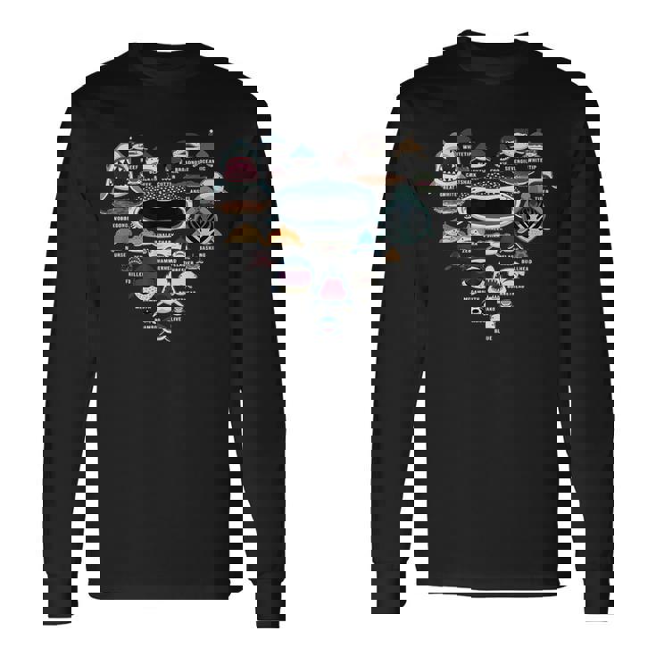 サメの識別の種類 サメの顔 シャークハート 長袖Tシャツ