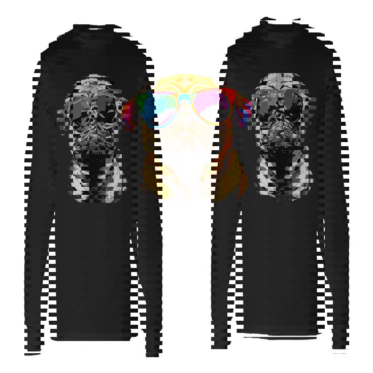 サングラスとパグベージュ犬愛カーリンかわいいパグ 長袖Tシャツ