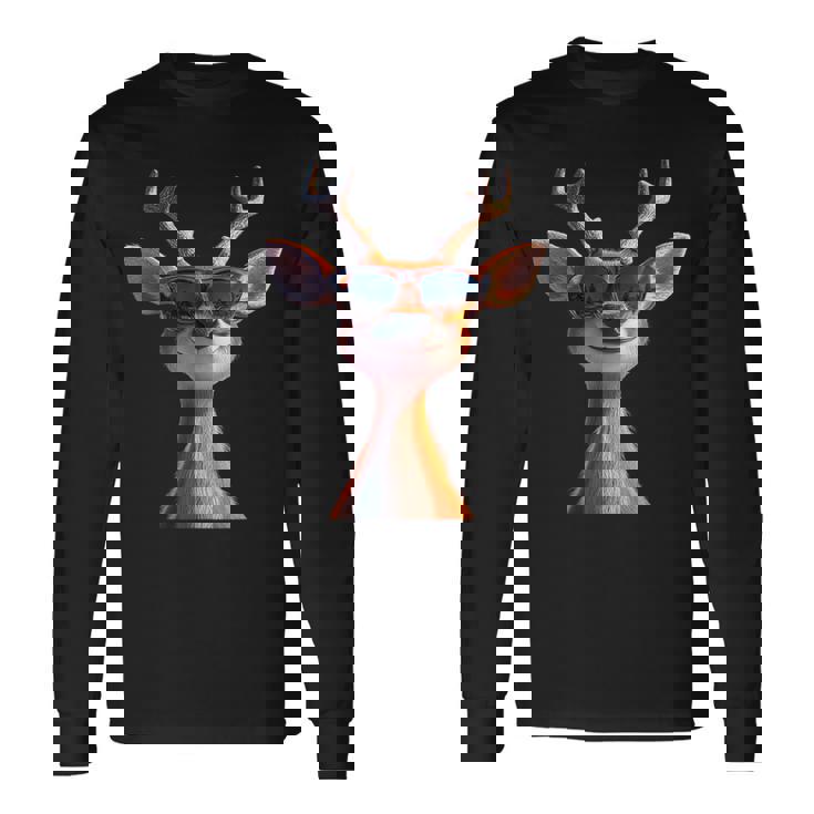 サングラスの角を持つ雄鹿狩猟鹿トナカイ赤鹿 長袖Tシャツ ギフトのアイデア