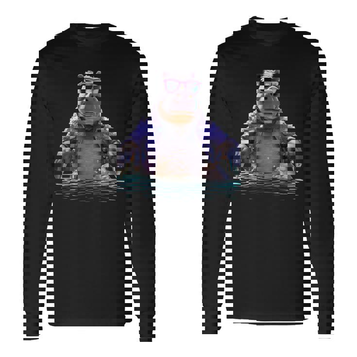 サングラスをかけたカバ カバ かわいいカバ 長袖Tシャツ