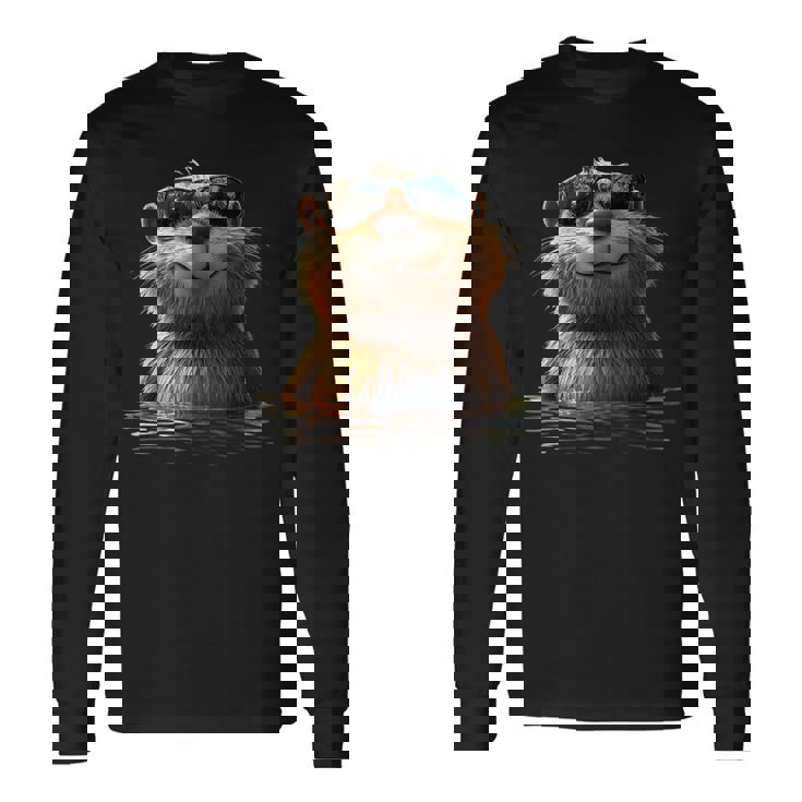 サングラスをかけたビーバー げっ歯類が大好き かわいいビーバー 長袖Tシャツ ギフトのアイデア