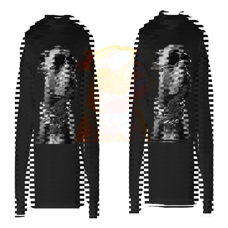 サングラスをかけたピットブル アメリカン・ピット・ブル・テリア 長袖Tシャツ