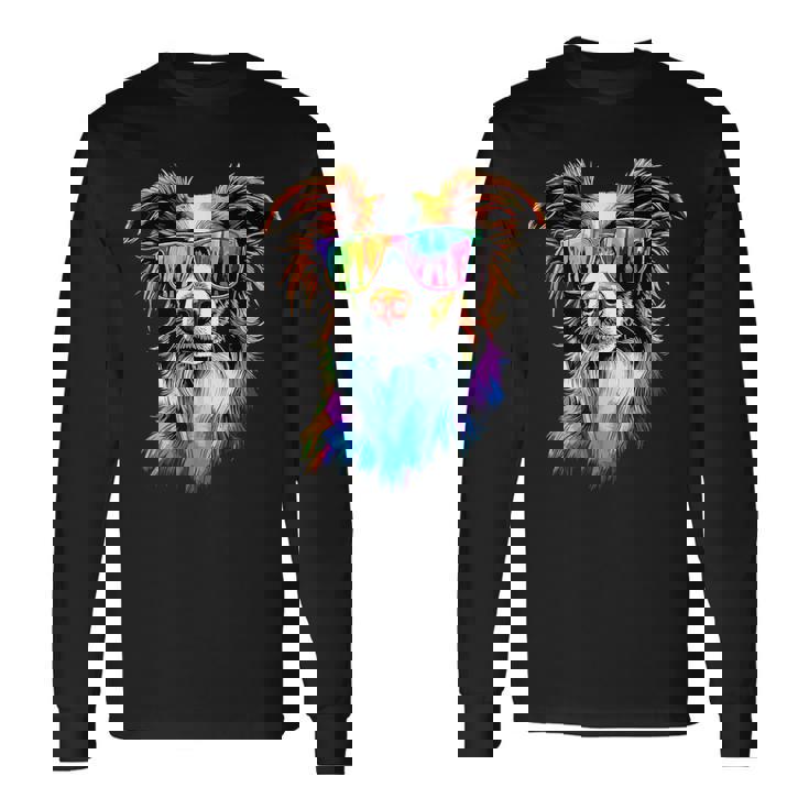 サングラスをかけたボーダーコリー 子犬 かわいいボーダーコリー 長袖Tシャツ