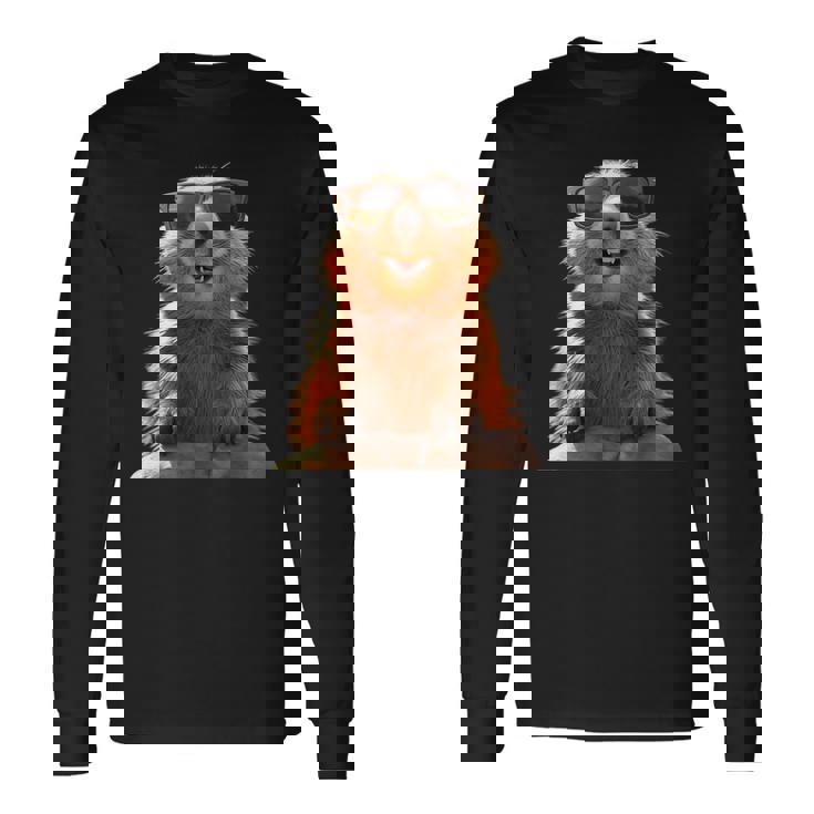 サングラスをかけたマーモット 齧歯類 地リス マーモット 長袖Tシャツ