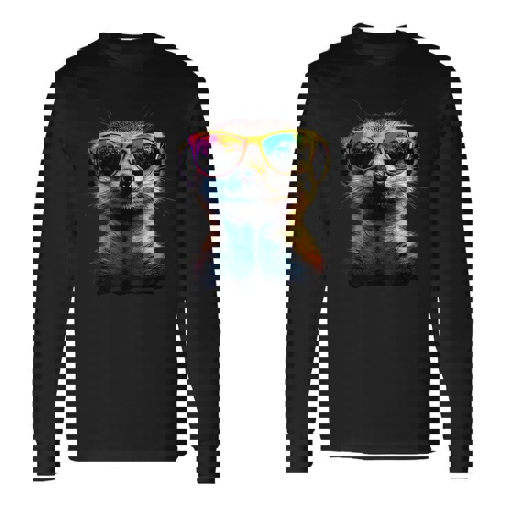 サングラスをかけたミーアキャット カラフルかわいいミーアキャット 長袖Tシャツ