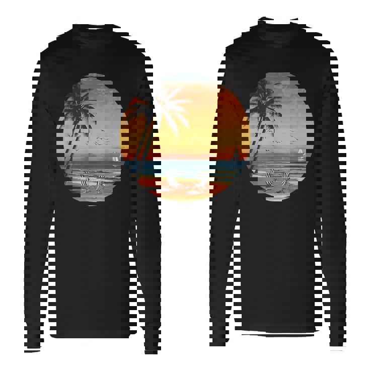 サンセット ビーチ ヤシの木 夏 バイブ レトロ トロピカル 夏 ビーチ 長袖Tシャツ
