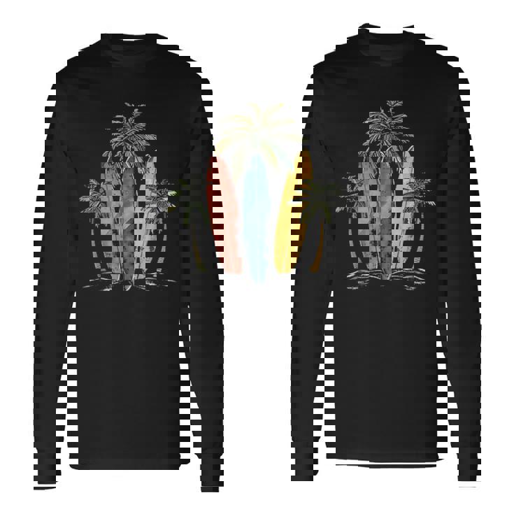 サーファー ヴィンテージ サーフボード ヤシの木 ビーチ サーフィン 長袖Tシャツ