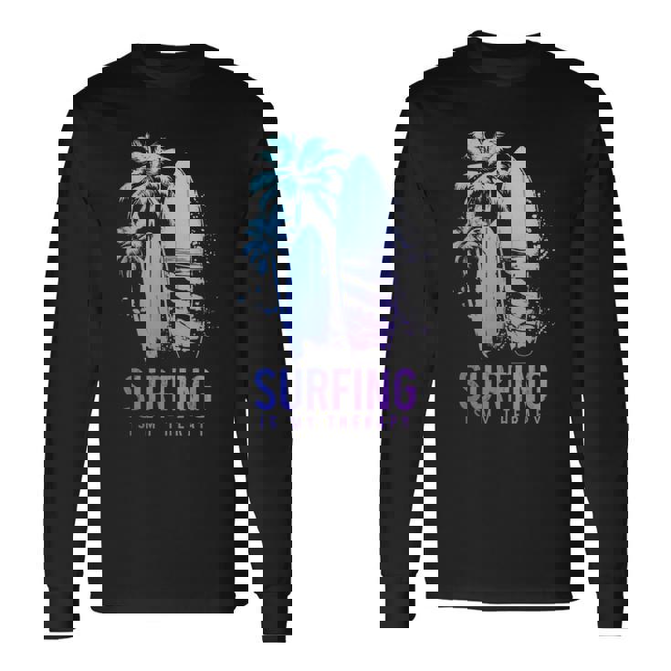 サーフィンセラピー ヴィンテージ サーフボード ヤシの木 ビーチサーファー 長袖Tシャツ