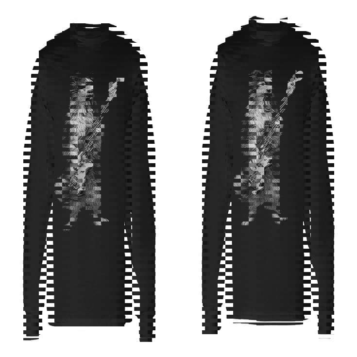 シェットランド・シープドッグ ベース・ギター ロックミュージック 犬好き 長袖Tシャツ