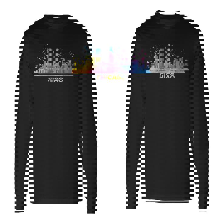 シカゴのスカイライン カラフル 街並み シカゴ 長袖Tシャツ