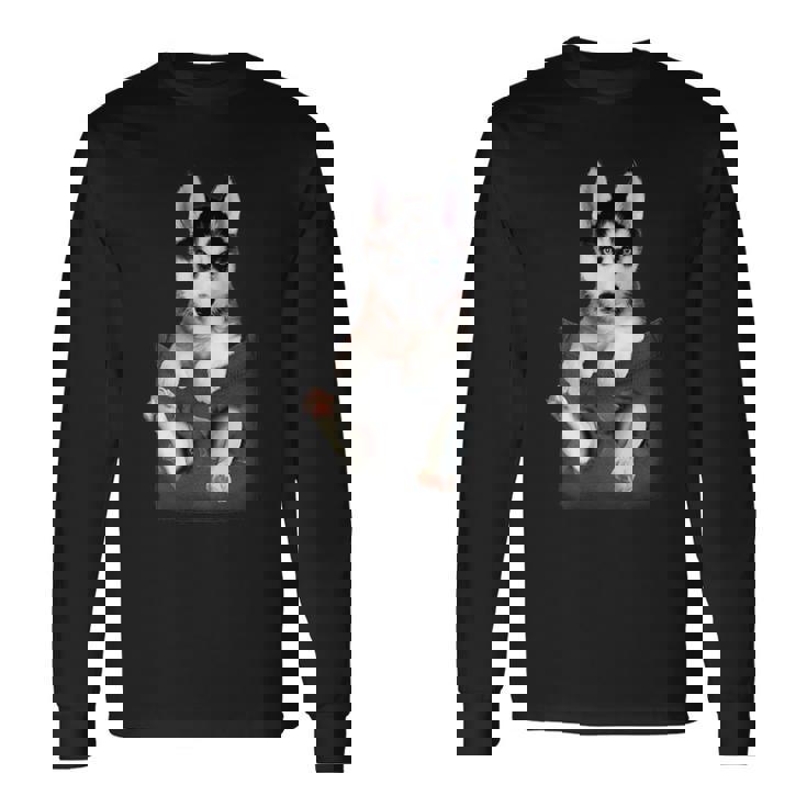 シベリアンハスキー ポケットの子犬 長袖Tシャツ