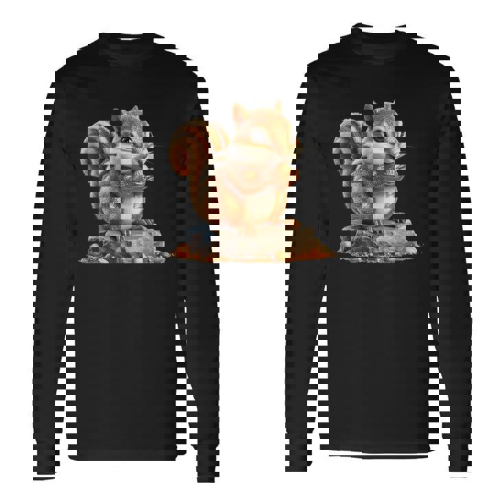 シマリス 森林 動物 木 リス 水彩 長袖Tシャツ