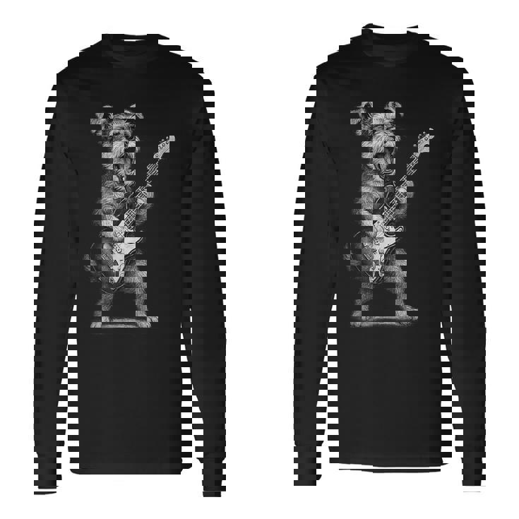 シュナウザー ギターを弾く ロックミュージック 犬好き 長袖Tシャツ