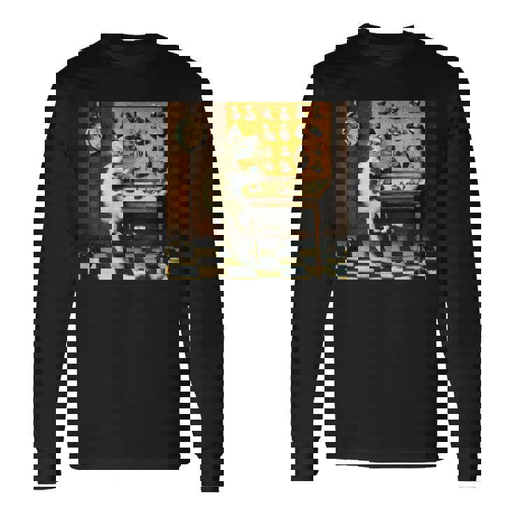 シュールレアリスト絵画 チェスをする猫とサルバドール・ダリ 長袖Tシャツ